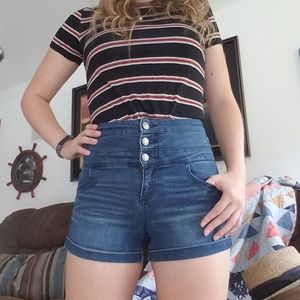 High waisted dark blue jean shorts